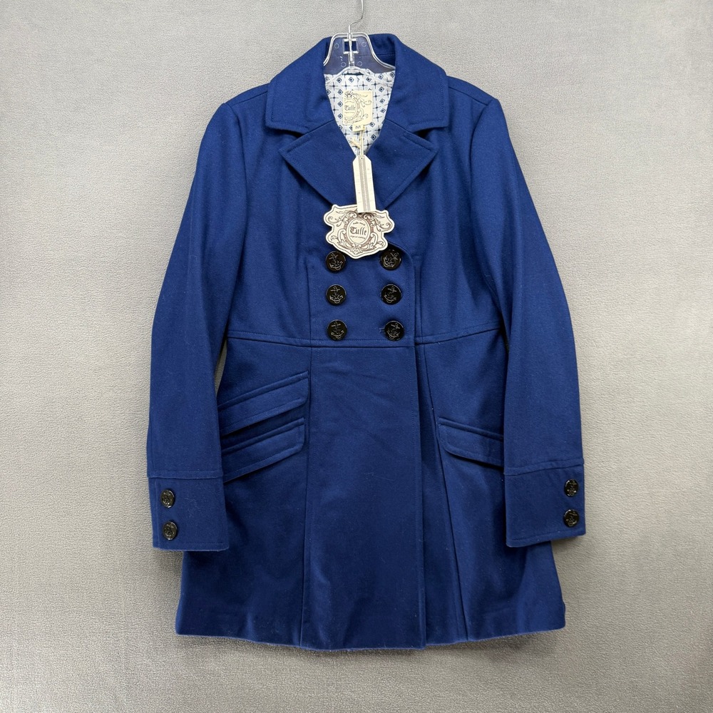 Tulle Pea Coat Womens M Royal Blue Wool Double Breasted Anchor Buttons NEW
